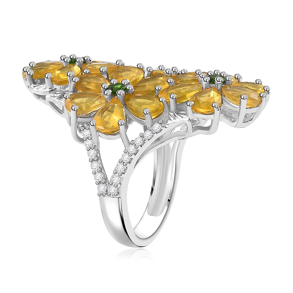 Tanzanian Canary Opal and Multi Gemstone 7.10 ctw Ring in Rhodium Over Sterling Silver