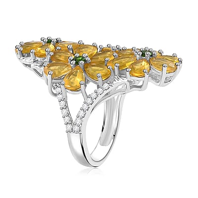 Tanzanian Canary Opal and Multi Gemstone 7.10 ctw Ring in Rhodium Over Sterling Silver