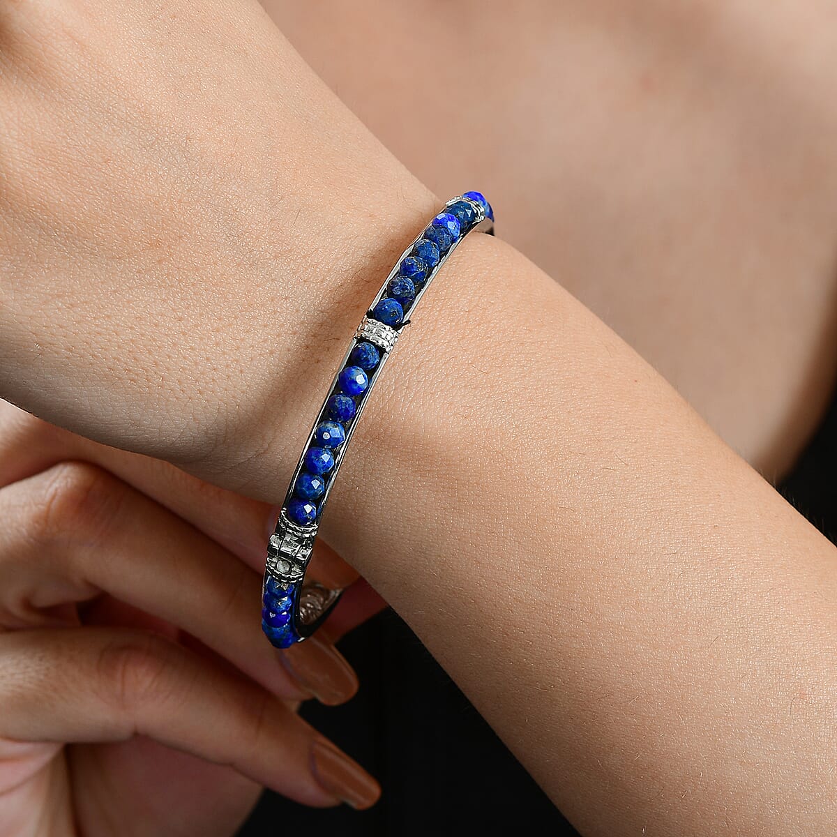 Lapis Lazuli 22.20 ctw Bangle Bracelet in Stainless Steel (7.25 In) image number 2