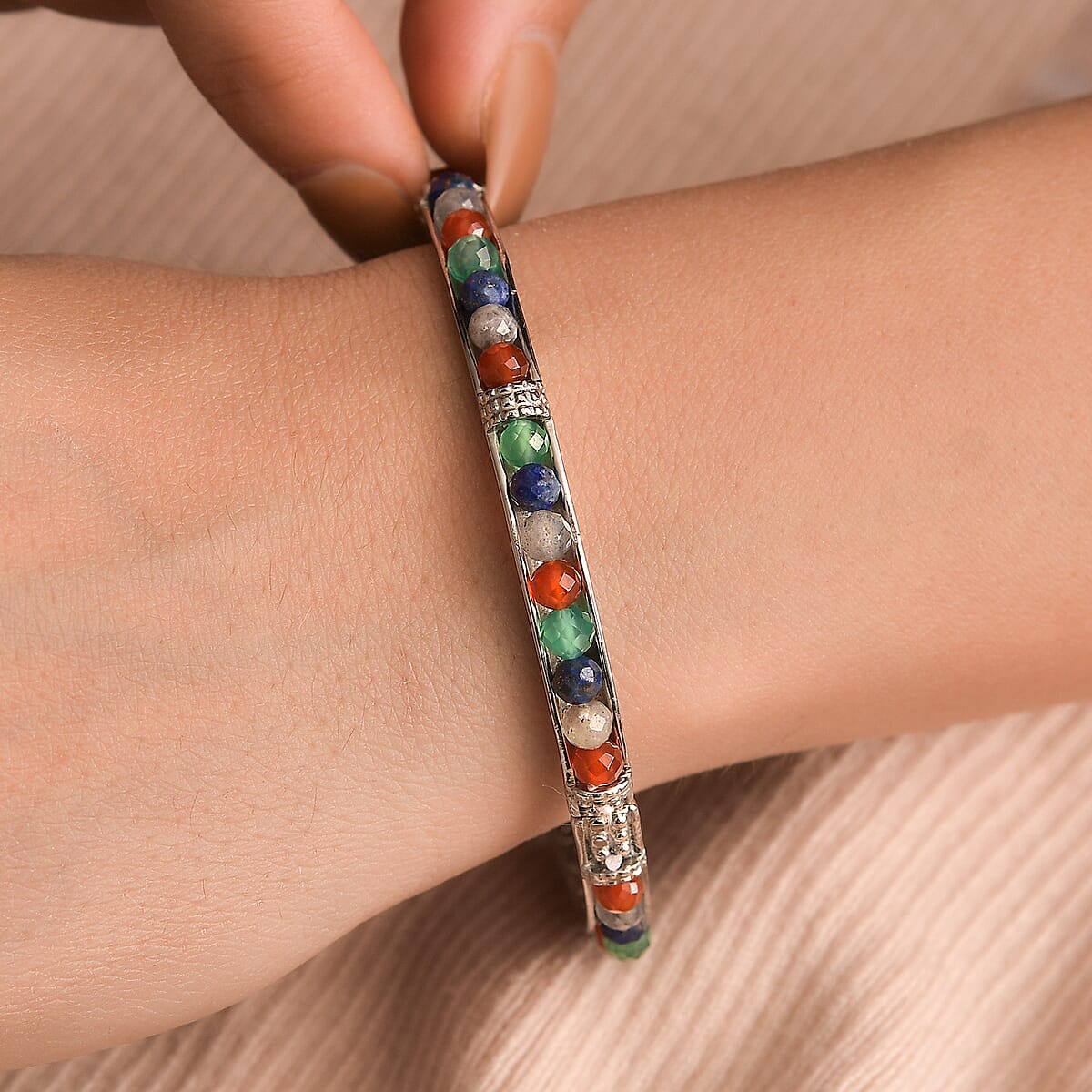 Multi Gemstone 18.00 ctw Bangle Bracelet in Stainless Steel (7.25 In) image number 2