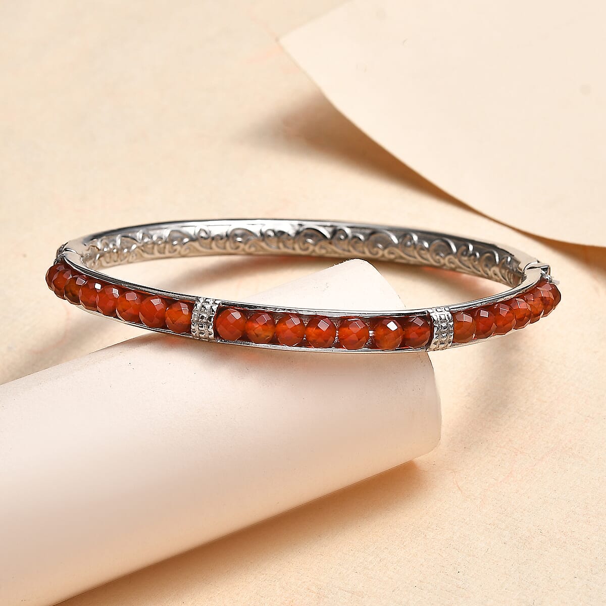 Carnelian 19.50 ctw Bangle Bracelet in Stainless Steel (7.25 In) image number 1