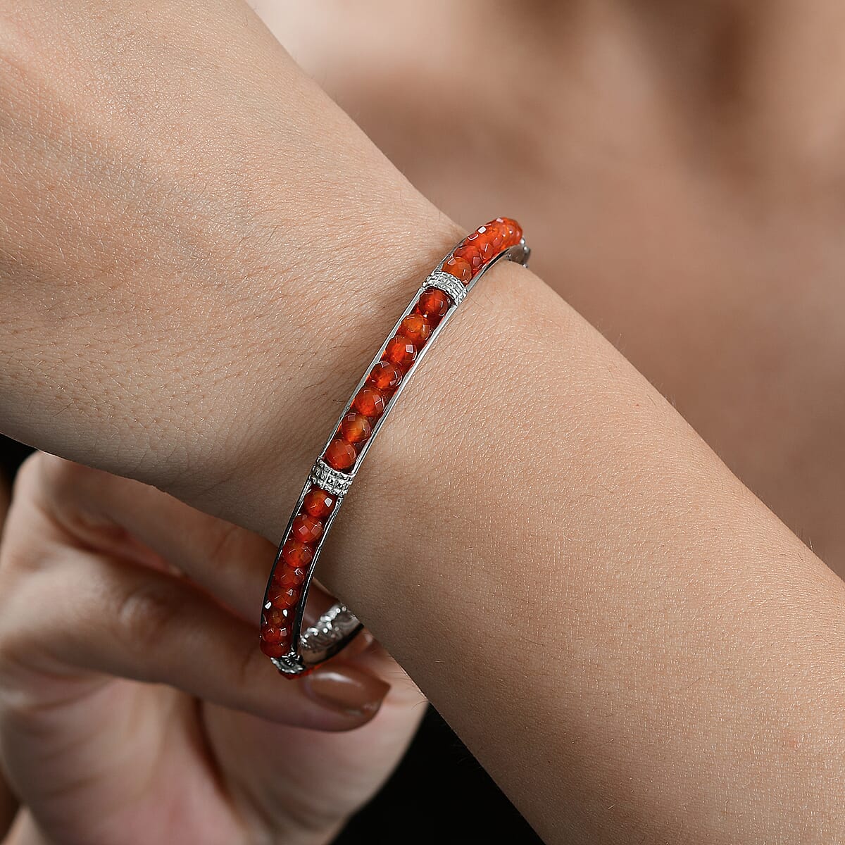 Carnelian 19.50 ctw Bangle Bracelet in Stainless Steel (7.25 In) image number 2