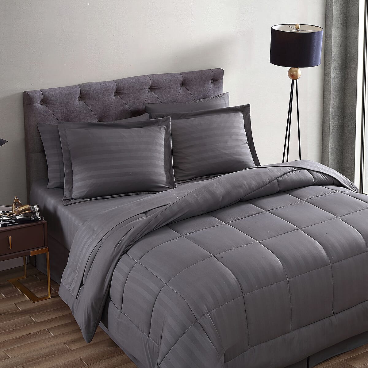 The Nesting Company Maple Dobby Gray Stripe 8pcs Bed Comforter Set in a Bag - King image number 2
