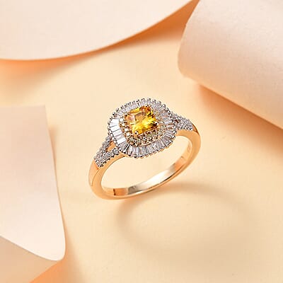 Certified & Appraised Luxoro AAA Songea Sapphire, White and Yellow Diamond I2 1.45 ctw Double Halo Ring in 14K Yellow Gold (Size  8.0)