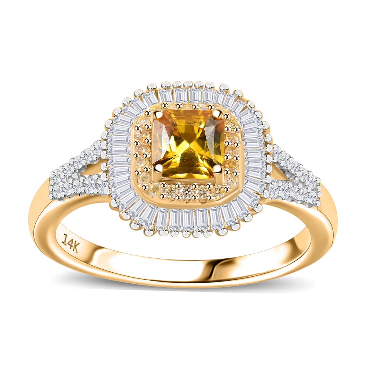 Certified & Appraised Luxoro AAA Songea Sapphire, I2 White and Yellow Diamond 1.45 ctw Double Halo Ring in 14K Yellow Gold (Size 9.0) image number 0