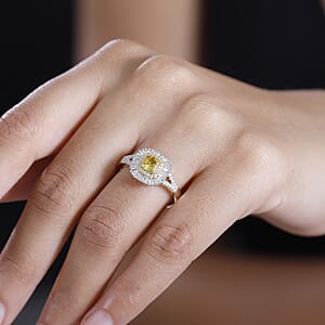 Certified & Appraised Luxoro AAA Songea Sapphire, I2 White and Yellow Diamond 1.45 ctw Double Halo Ring in 14K Yellow Gold (Size 9.0)