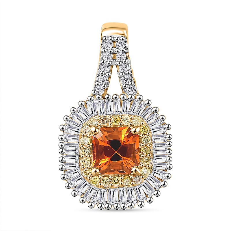 Certified & Appraised Luxoro AAA Songea Sapphire, I2 White and Yellow Diamond 1.31 ctw Double Halo Pendant without Chain in 14K Yellow Gold