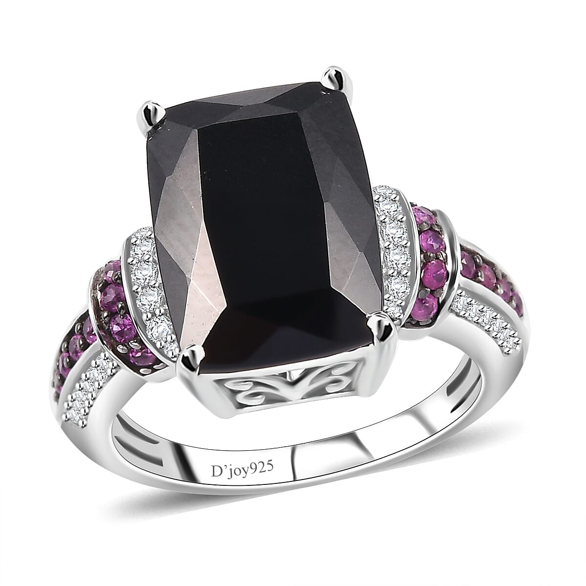 California Black Jade and Multi Gemstone 7.85 ctw Elegant Ring in Rhodium Over Sterling Silver (Size 10.0)