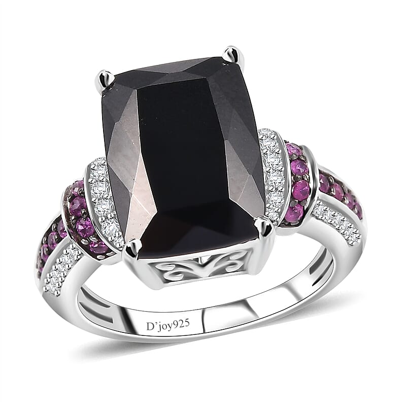 California Black Jade and Multi Gemstone 7.85 ctw Elegant Ring in Rhodium Over Sterling Silver (Size 10.0)