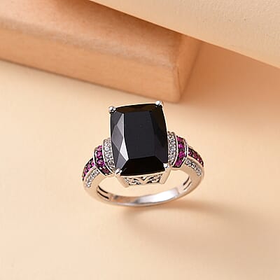 California Black Jade and Multi Gemstone 7.85 ctw Elegant Ring in Rhodium Over Sterling Silver (Size 10.0)