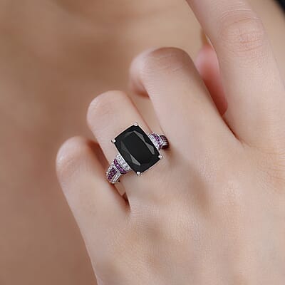 California Black Jade and Multi Gemstone 7.85 ctw Elegant Ring in Rhodium Over Sterling Silver (Size 10.0)