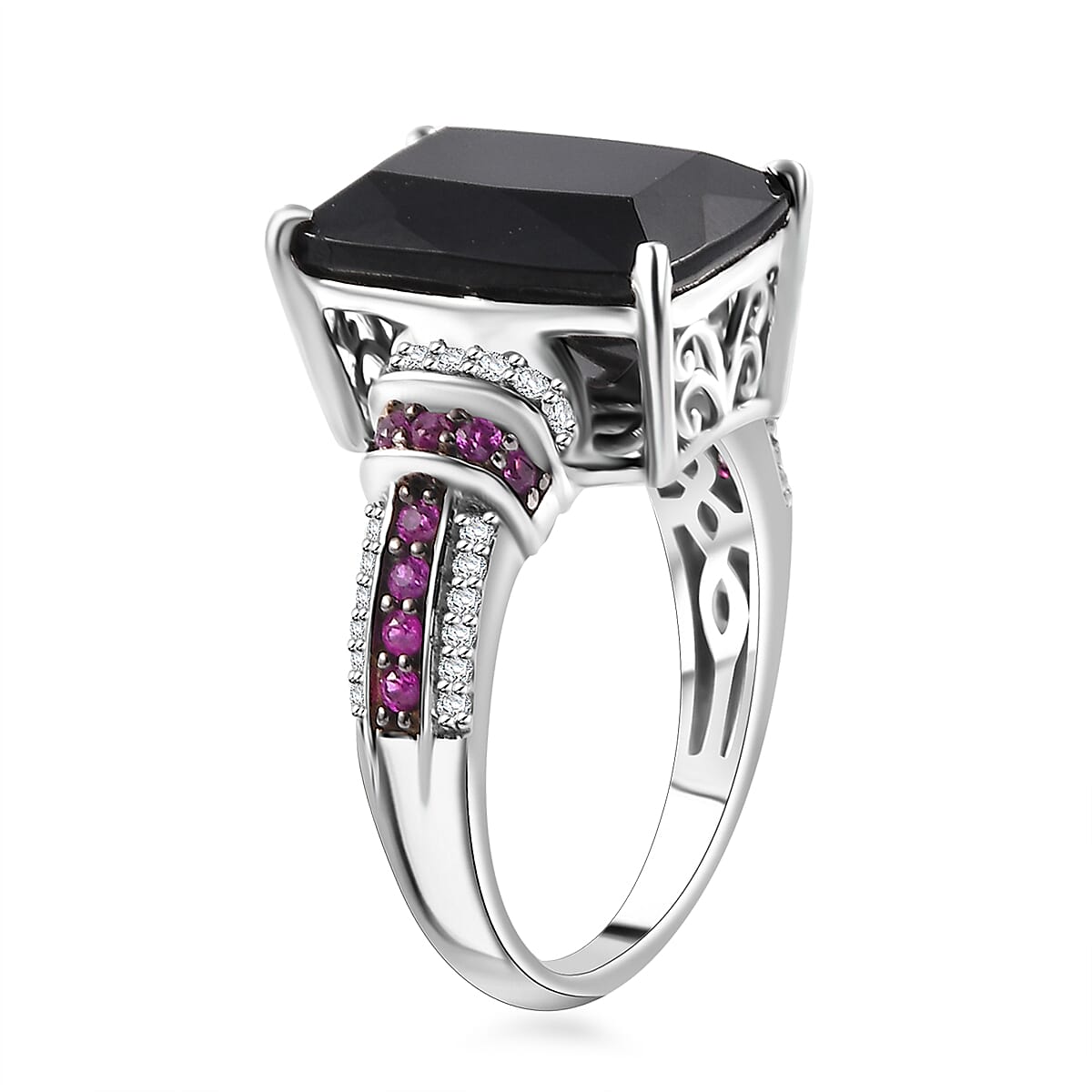 California Black Jade and Multi Gemstone 7.85 ctw Elegant Ring in Rhodium Over Sterling Silver (Size 10.0)