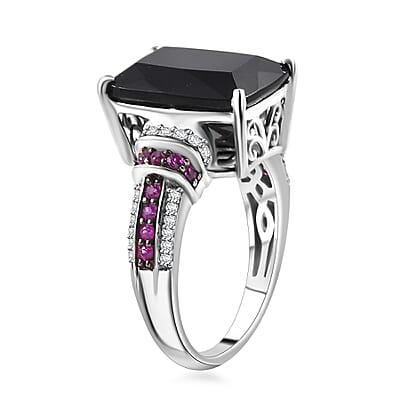 California Black Jade and Multi Gemstone 7.85 ctw Elegant Ring in Rhodium Over Sterling Silver (Size 10.0)