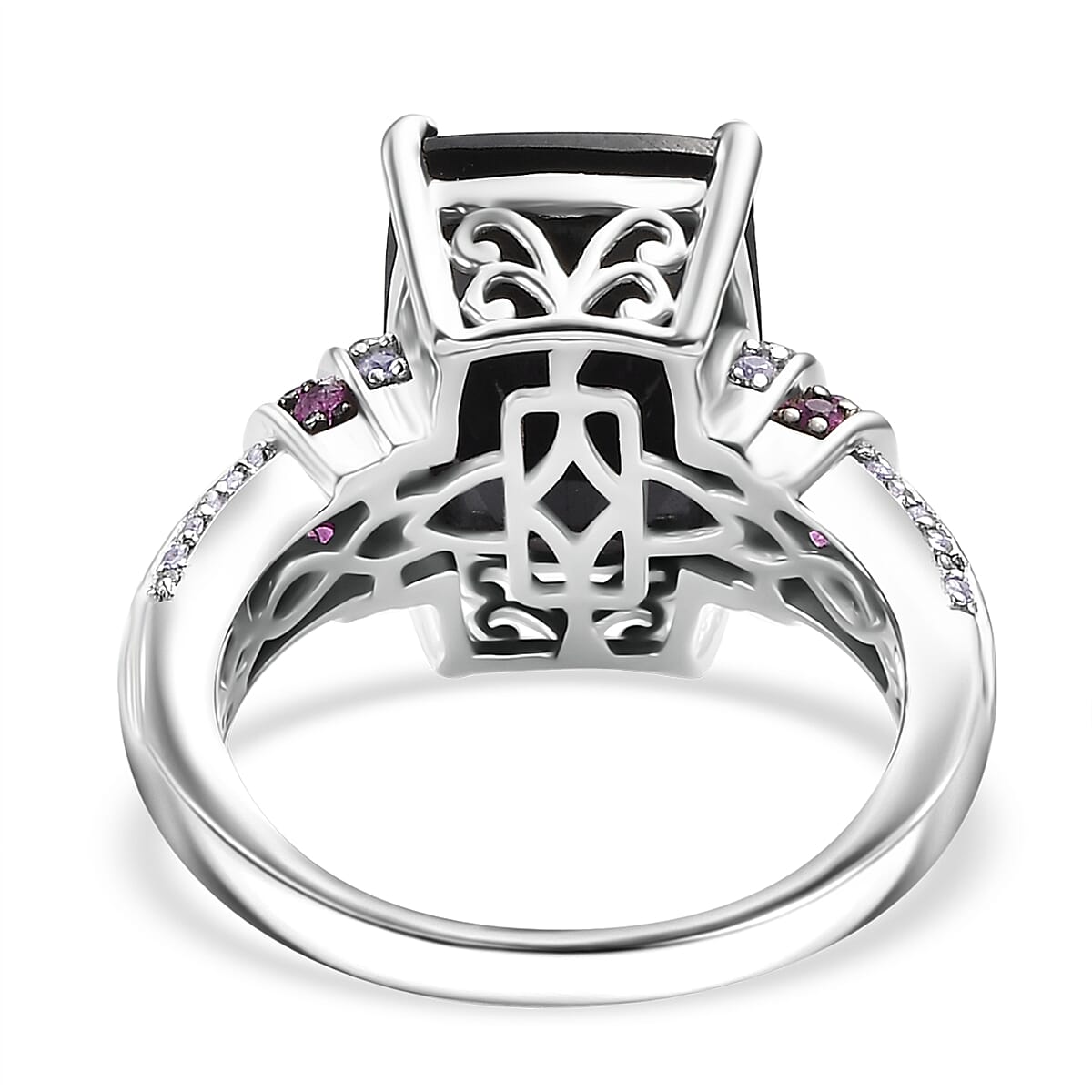 California Black Jade and Multi Gemstone 7.85 ctw Elegant Ring in Rhodium Over Sterling Silver (Size 10.0)