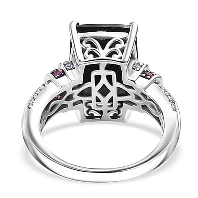 California Black Jade and Multi Gemstone 7.85 ctw Elegant Ring in Rhodium Over Sterling Silver (Size 10.0)