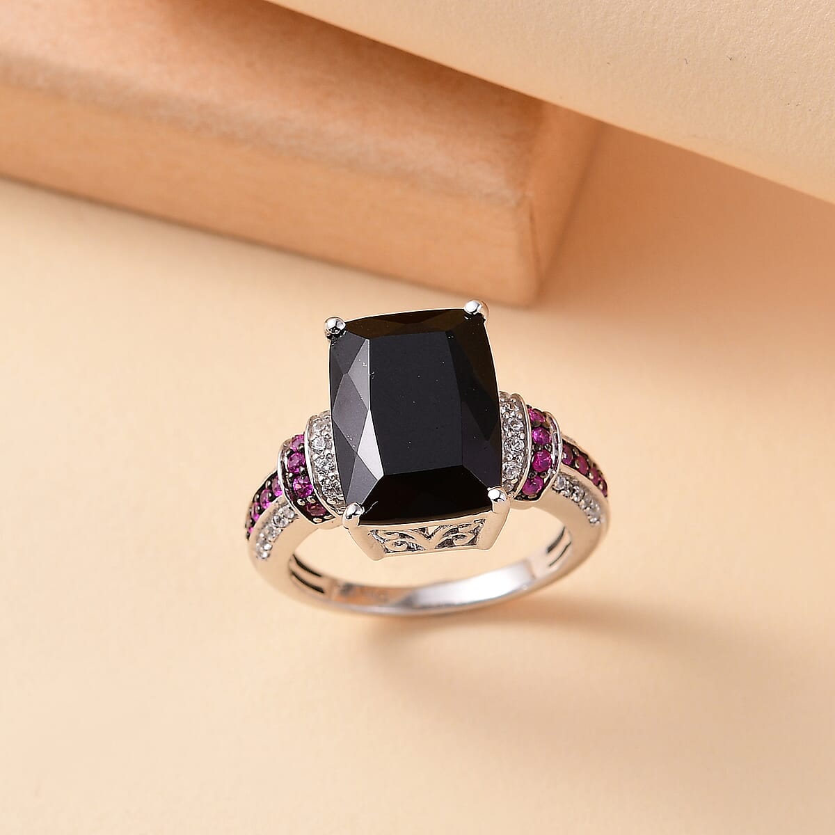 D'Joy California Black Jade and Multi Gemstone 7.85 ctw Elegant Ring in Rhodium Over Sterling Silver (Size 9.0) image number 1