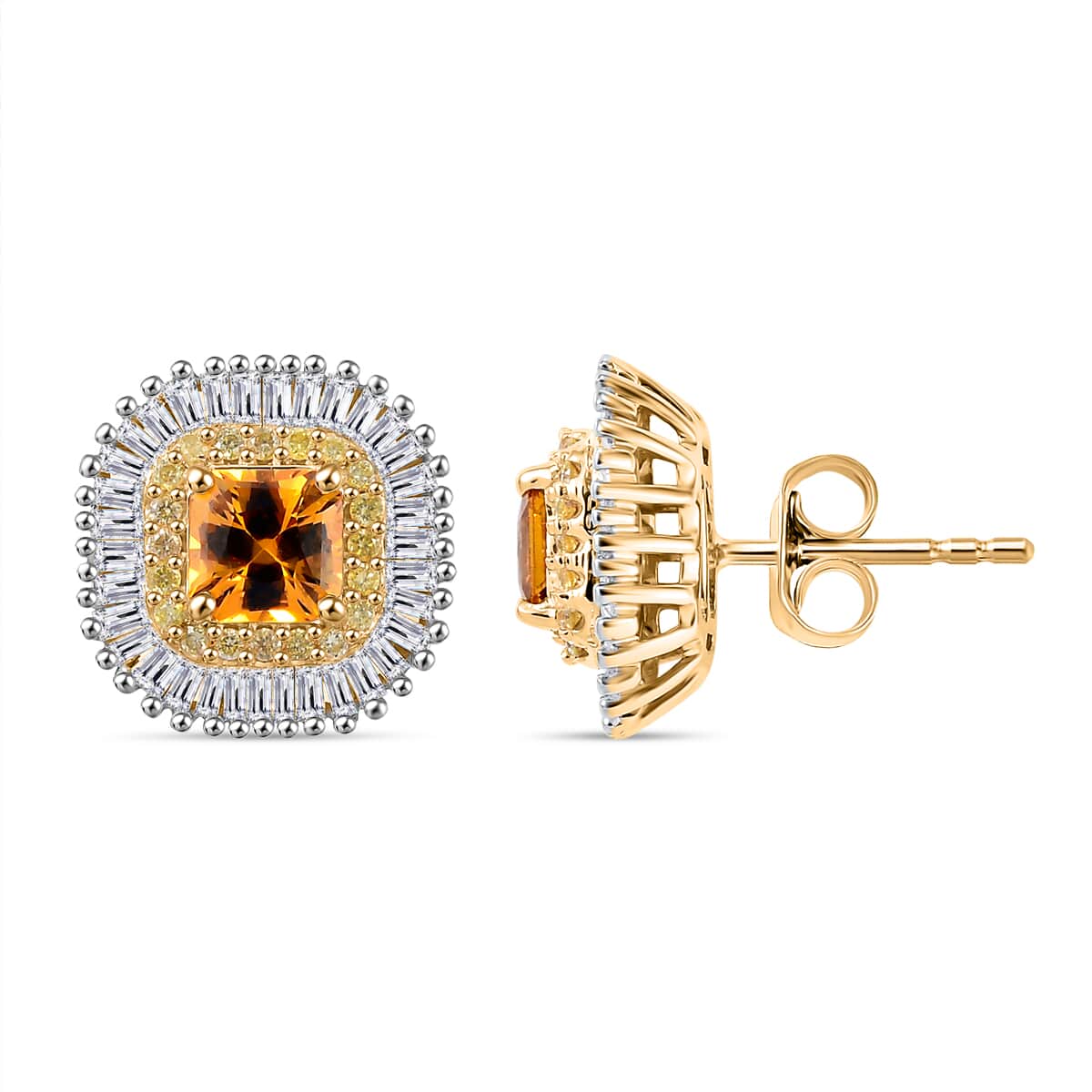 Certified & Appraised Luxoro AAA Songea Sapphire, I2 White and Yellow Diamond 2.45 ctw Double Halo Stud Earrings in 14K Yellow Gold image number 0