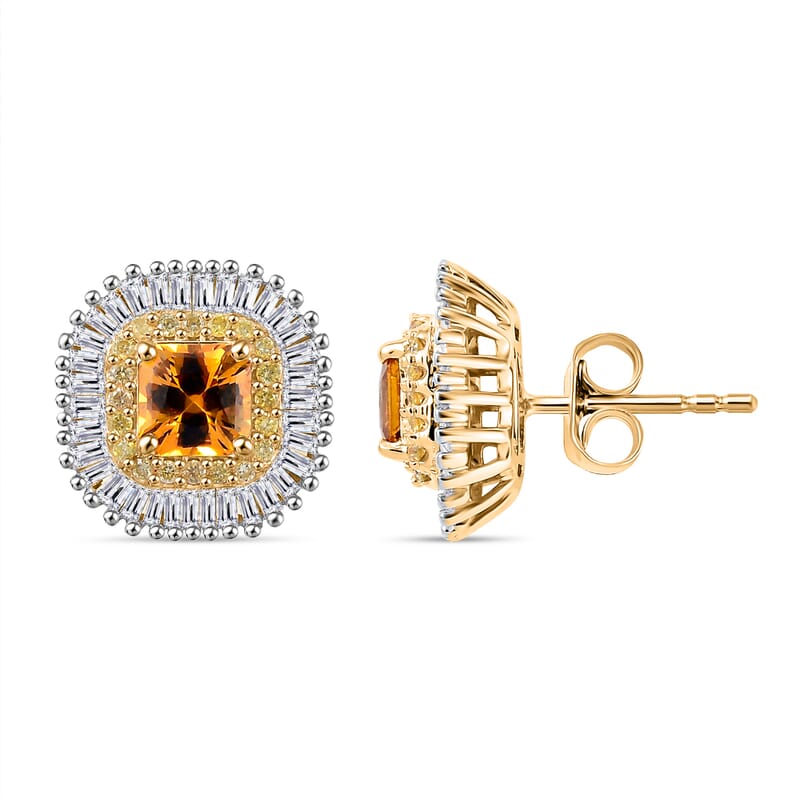 Certified & Appraised Luxoro AAA Songea Sapphire, I2 White and Yellow Diamond 2.45 ctw Double Halo Stud Earrings in 14K Yellow Gold