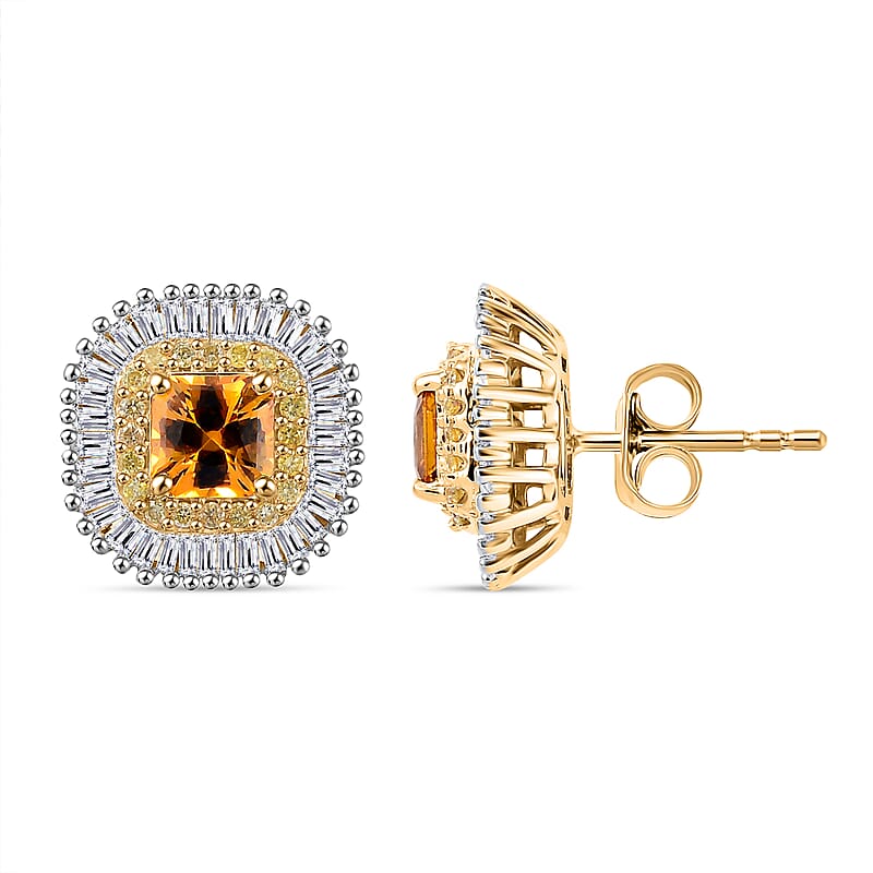 Certified & Appraised Luxoro AAA Songea Sapphire, I2 White and Yellow Diamond 2.45 ctw Double Halo Stud Earrings in 14K Yellow Gold