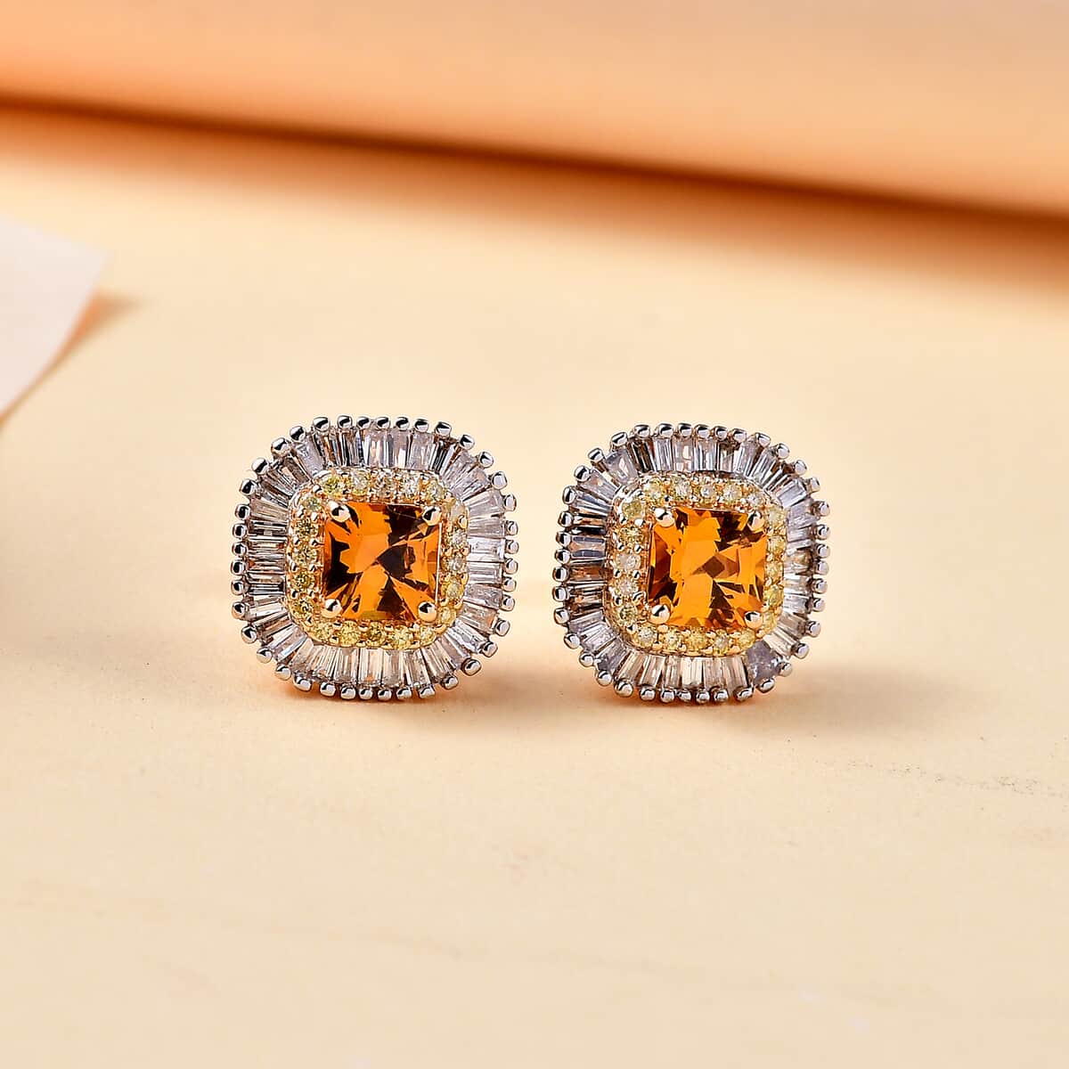 Certified & Appraised Luxoro AAA Songea Sapphire, I2 White and Yellow Diamond 2.45 ctw Double Halo Stud Earrings in 14K Yellow Gold image number 1