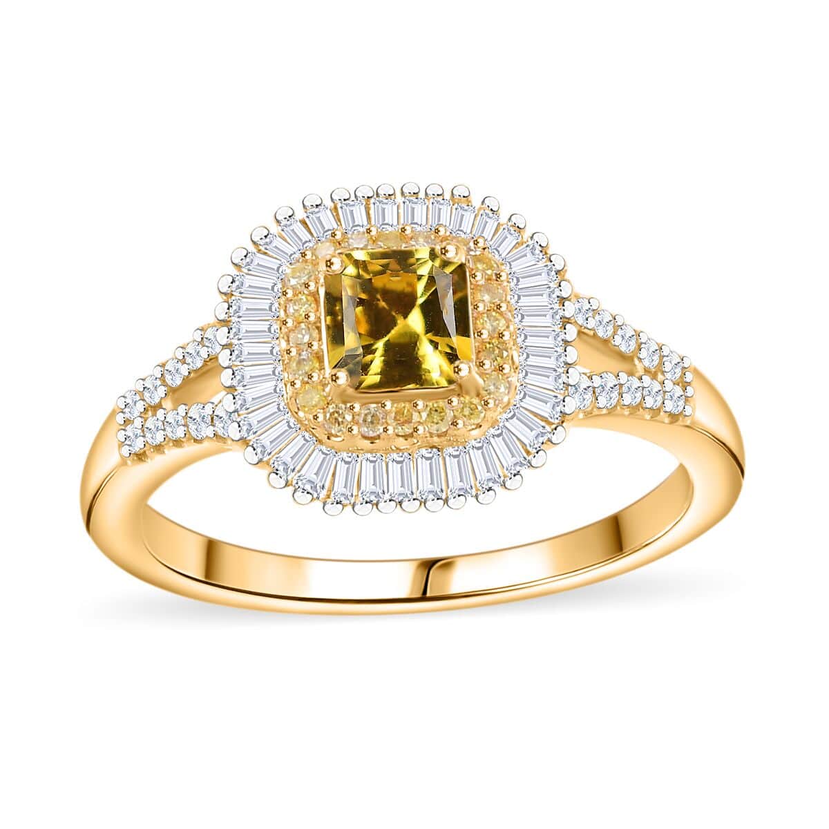 Doorbuster Certified & Appraised Luxoro AAA Pokhraj Yellow Sapphire, I2 White and Yellow Diamond 1.31 ctw Double Halo Ring in 14K Yellow Gold (Size 10.0) 4.15 Grams (Del. in 7-10 Days) image number 0