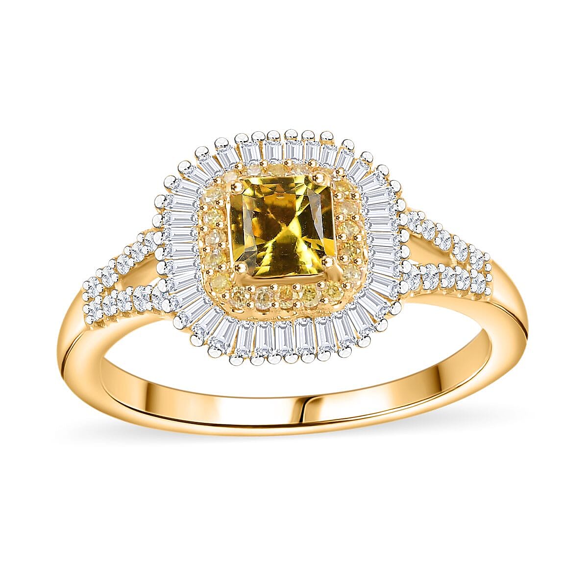 Certified & Appraised Luxoro AAA Madagascar Yellow Sapphire, I2 White and Yellow Diamond 1.31 ctw Double Halo Ring in 14K Yellow Gold (Size 8.0) 4.15 Grams image number 0