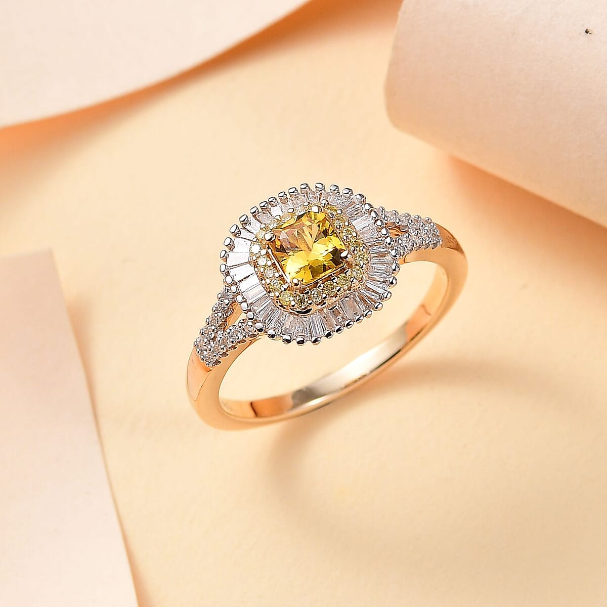 Certified & Appraised Luxoro AAA Madagascar Yellow Sapphire, I2 White and Yellow Diamond 1.31 ctw Double Halo Ring in 14K Yellow Gold (Size 8.0) 4.15 Grams image number 1