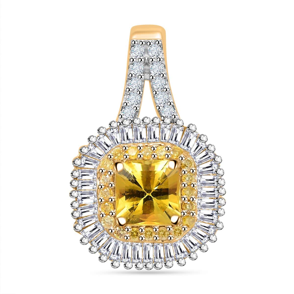 Doorbuster Certified & Appraised Luxoro AAA Pokhraj Yellow Sapphire, I2 White and Yellow Diamond 1.45 ctw Double Halo Pendant in 14K Yellow Gold image number 0