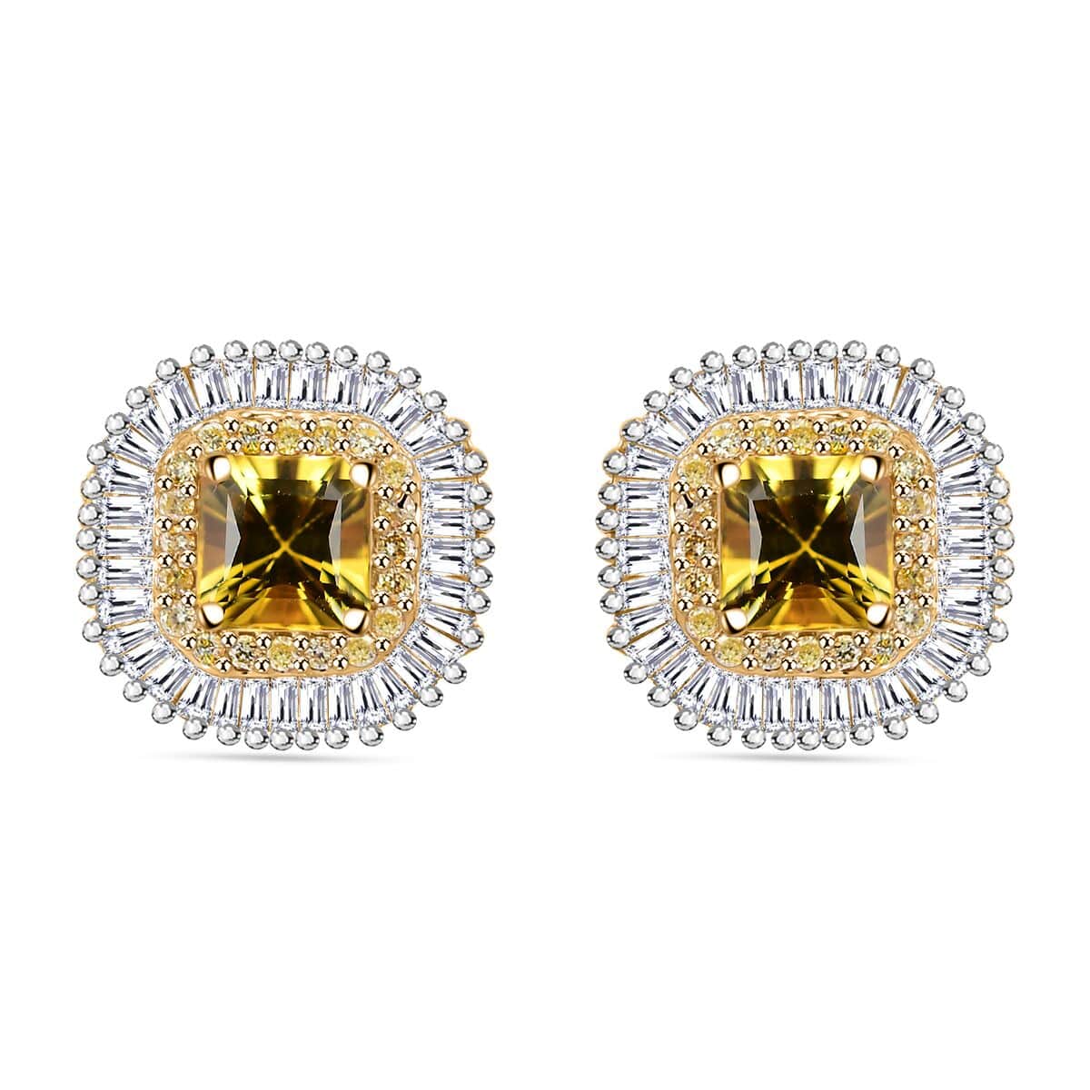 Doorbuster Certified & Appraised Luxoro AAA Pokhraj Yellow Sapphire, I2 White and Yellow Diamond 2.75 ctw Double Halo Stud Earrings in 14K Yellow Gold image number 0