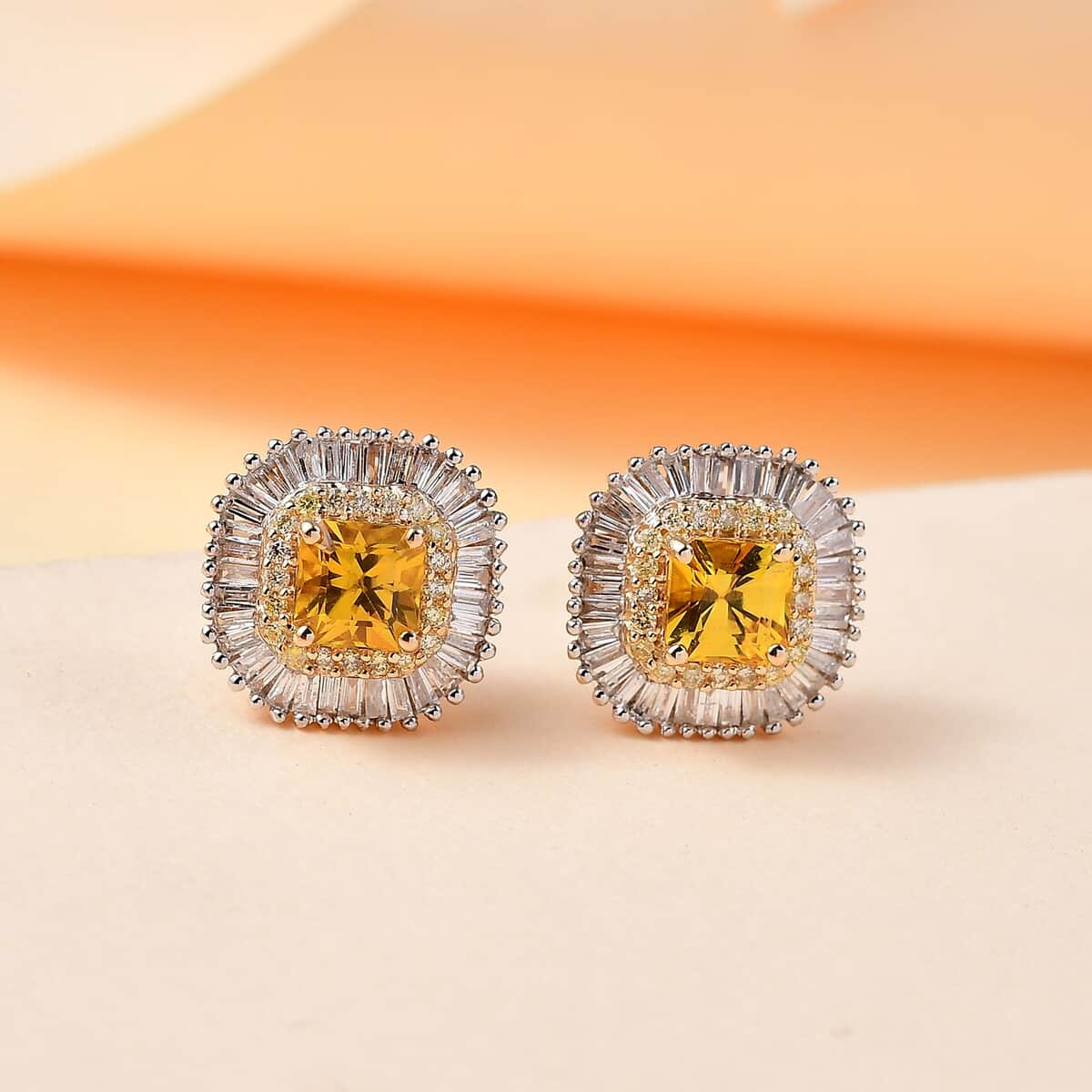 Doorbuster Certified & Appraised Luxoro AAA Pokhraj Yellow Sapphire, I2 White and Yellow Diamond 2.75 ctw Double Halo Stud Earrings in 14K Yellow Gold image number 1