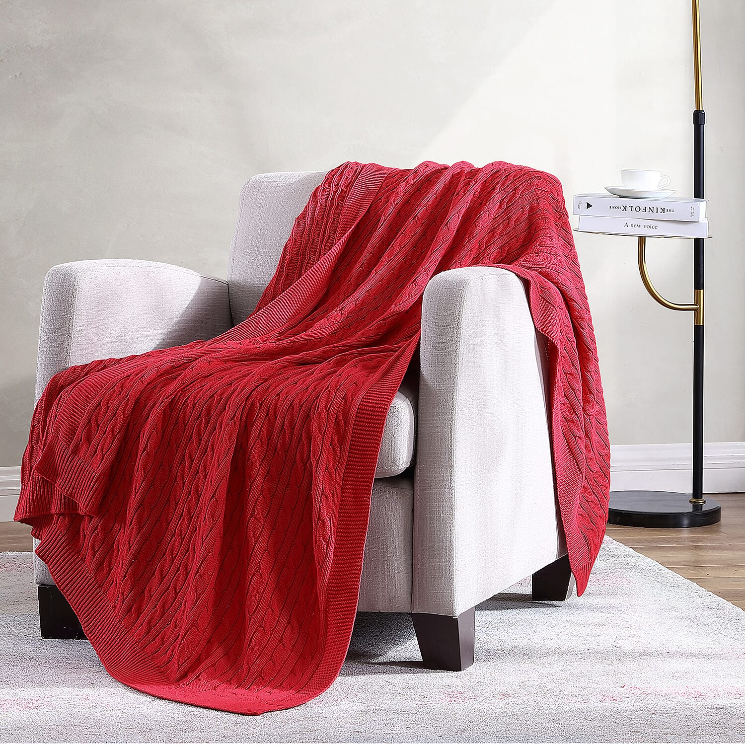 The Nesting Company Oak 100% Cotton Cable Knitted Throw - Red