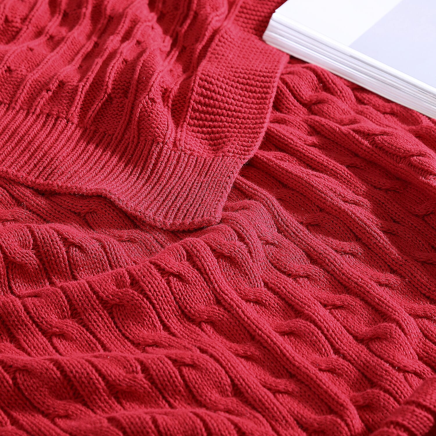 The Nesting Company Oak 100% Cotton Cable Knitted Throw - Red