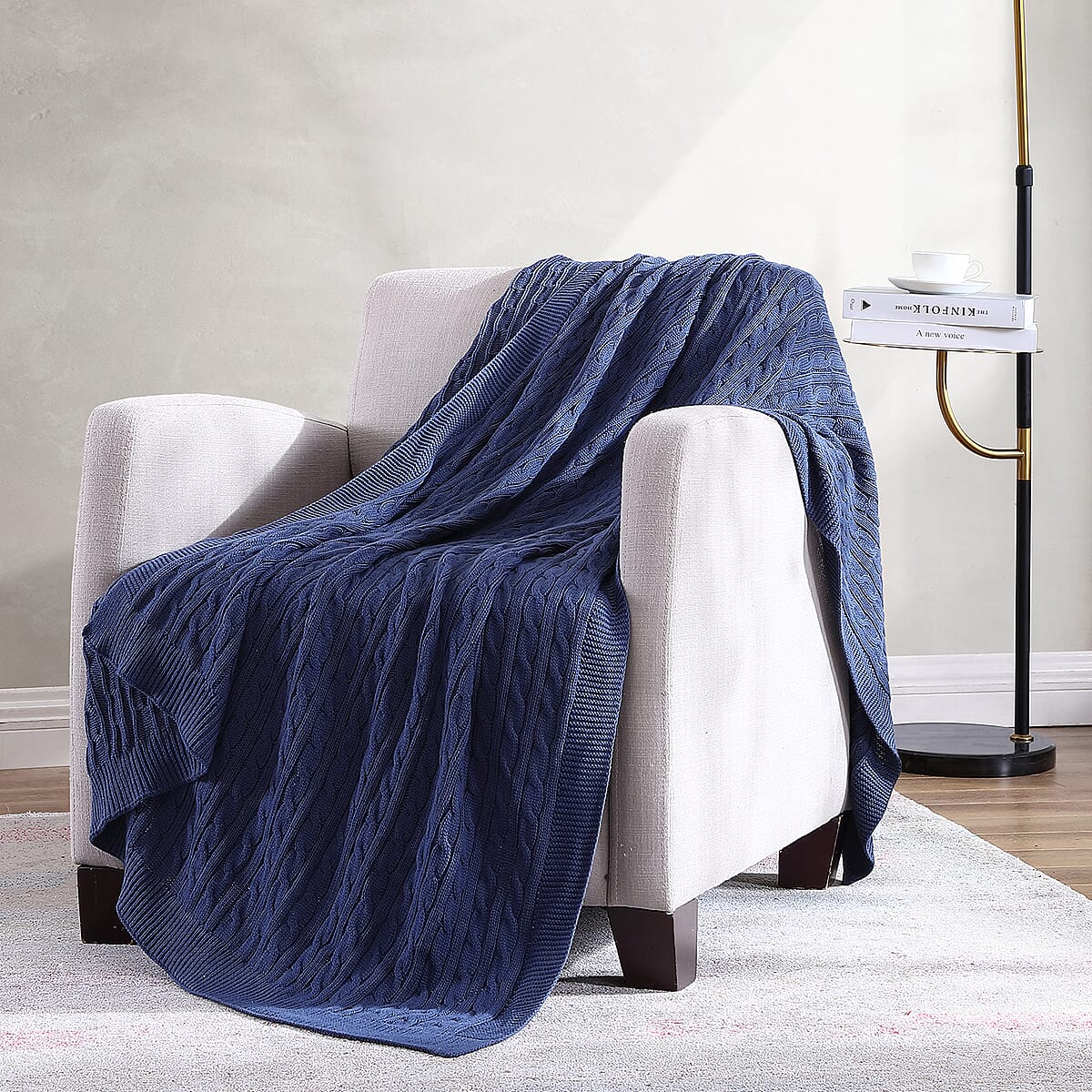 The Nesting Company Oak 100% Cotton Cable Knitted Throw - Navy image number 1