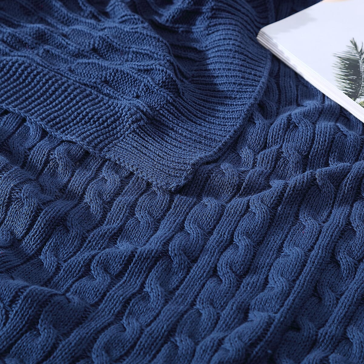 The Nesting Company Oak 100% Cotton Cable Knitted Throw - Navy image number 2