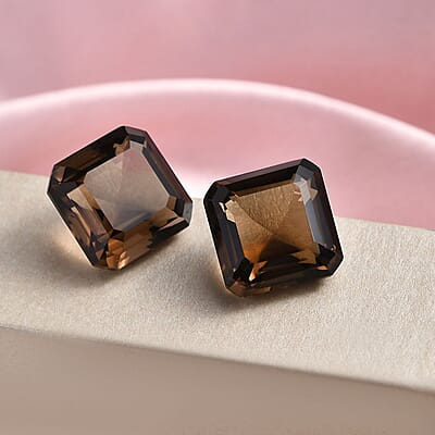 Asscher Cut Brazilian Smoky Quartz Set of 2 (Oct 14x14 mm) 26.19 ctw Loose Gemstone