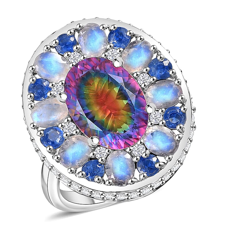 D'Joy Nebula Quartz Doublet and Multi Gemstone 11.75 ctw Celestial Orbit Ring in Rhodium Over Sterling Silver (Size 10.0)