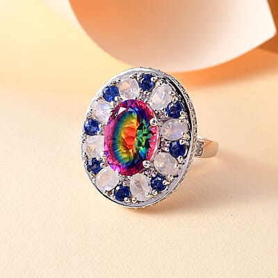 D'Joy Nebula Quartz Doublet and Multi Gemstone 11.75 ctw Celestial Orbit Ring in Rhodium Over Sterling Silver (Size 10.0)