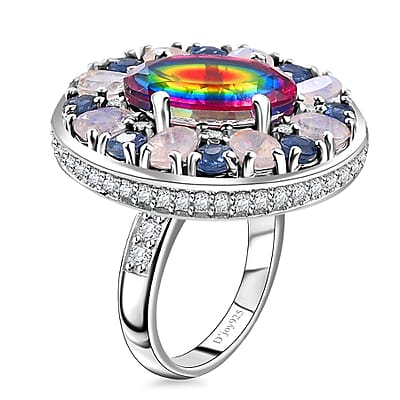 D'Joy Nebula Quartz Doublet and Multi Gemstone 11.75 ctw Celestial Orbit Ring in Rhodium Over Sterling Silver (Size 10.0)