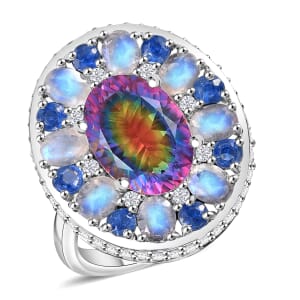 Nebula Quartz Doublet and Multi Gemstone 11.75 ctw Celestial Orbit Ring in Rhodium Over Sterling Silver (Size 6.0)