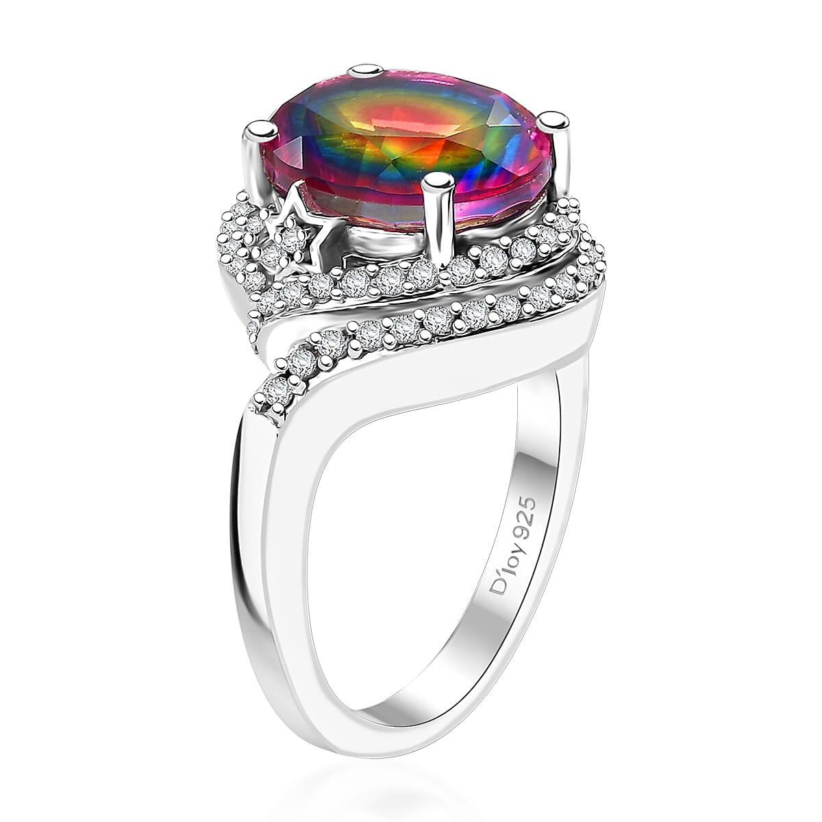 Nebula Quartz Doublet and White Zircon 5.70 ctw Ring in Rhodium Over Sterling Silver (Size 10.0)