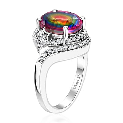 Nebula Quartz Doublet and White Zircon 5.70 ctw Ring in Rhodium Over Sterling Silver (Size 10.0)