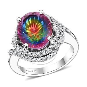 Nebula Quartz Doublet and White Zircon 5.70 ctw Ring in Rhodium Over Sterling Silver (Size 8.0)