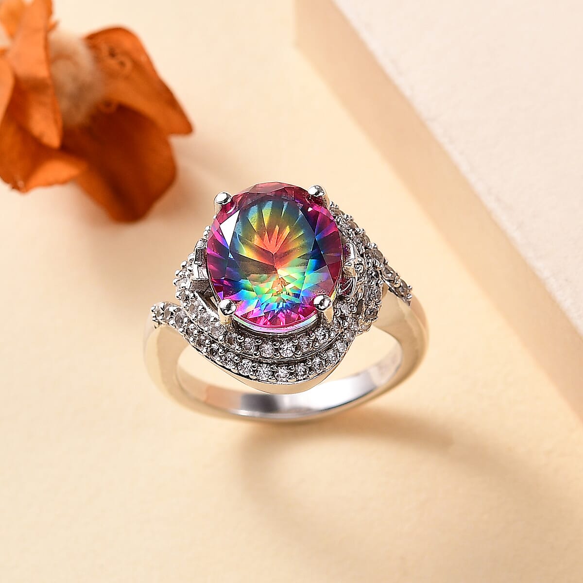Nebula Quartz Doublet and White Zircon 5.70 ctw Ring in Rhodium Over Sterling Silver (Size 8.0) image number 1