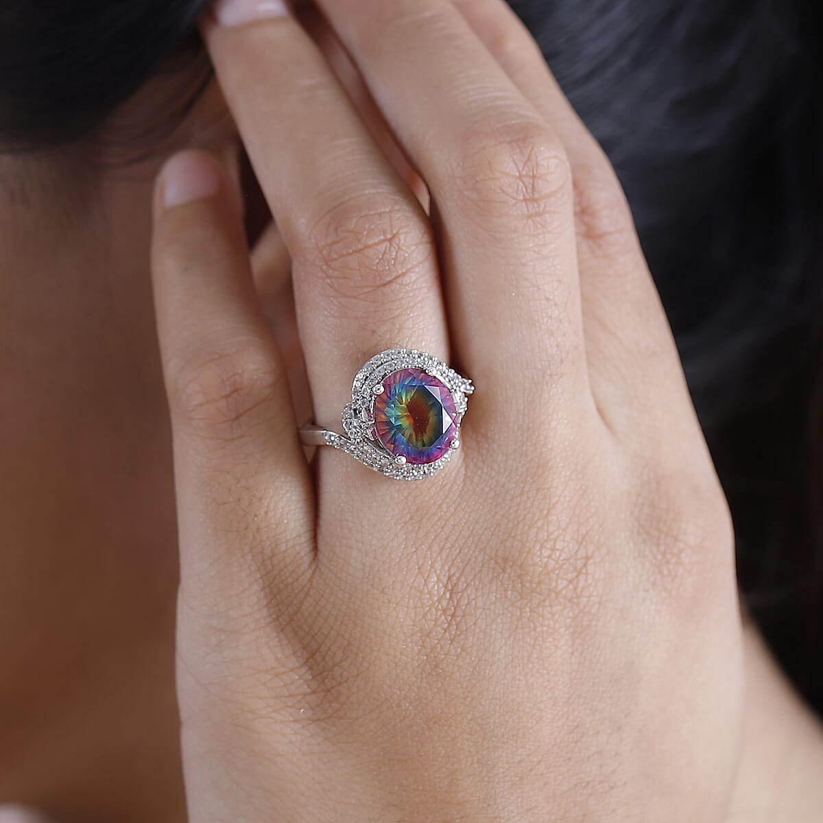 Nebula Quartz Doublet and White Zircon 5.70 ctw Ring in Rhodium Over Sterling Silver (Size 8.0) image number 2
