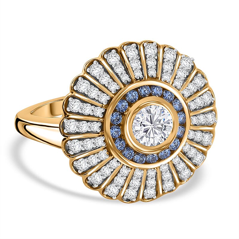 J Francis Embellished with White and Blue Zirconia by Swarovski 2.36 ctw Ring in 18K Vermeil YG Over Sterling Silver (Size 11.5)