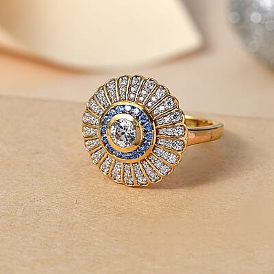 J Francis Embellished with White and Blue Zirconia by Swarovski 2.36 ctw Ring in 18K Vermeil YG Over Sterling Silver (Size 11.5)