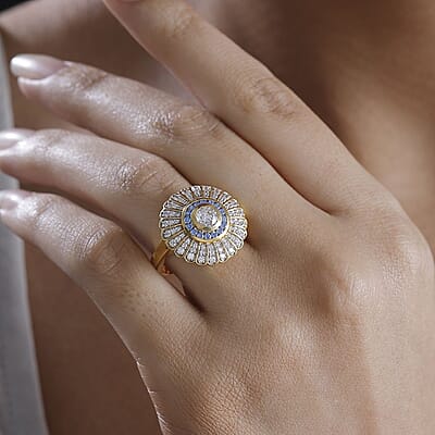 J Francis Embellished with White and Blue Zirconia by Swarovski 2.36 ctw Ring in 18K Vermeil YG Over Sterling Silver (Size 11.5)