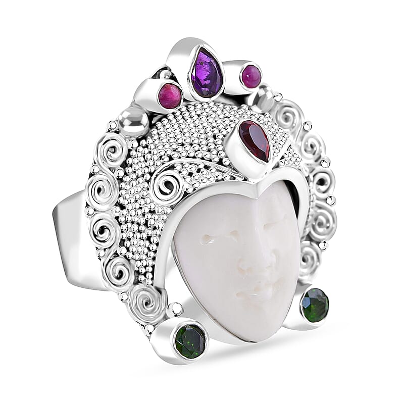 Sajen Silver Carved Bone and Multi Gemstone 1.65 ctw Ring in Sterling Silver (Size 10.0)