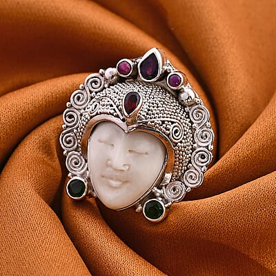Sajen Silver Carved Bone and Multi Gemstone 1.65 ctw Ring in Sterling Silver (Size 10.0)