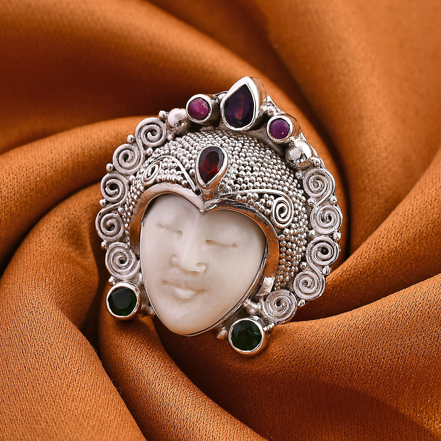 Sajenシルバーリング Buy Sajen Silver Carved Bone and Multi Gemstone 1.65 ctw